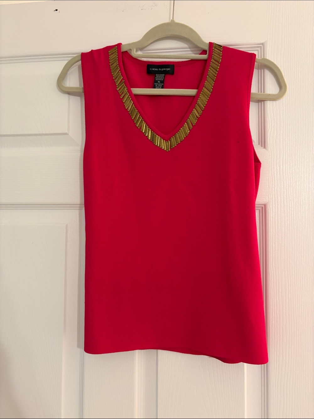 Eliza J Hot Pink Sleeveless V-Neck Tank with Gold Bead Trim